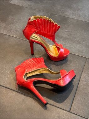 Qupid Gaze Red Fringe Platform Stiletto Heels